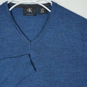 Calvin Klein Mens Blue Extra Fine Merino Wool V-Neck Sweater Size M Regular Fit